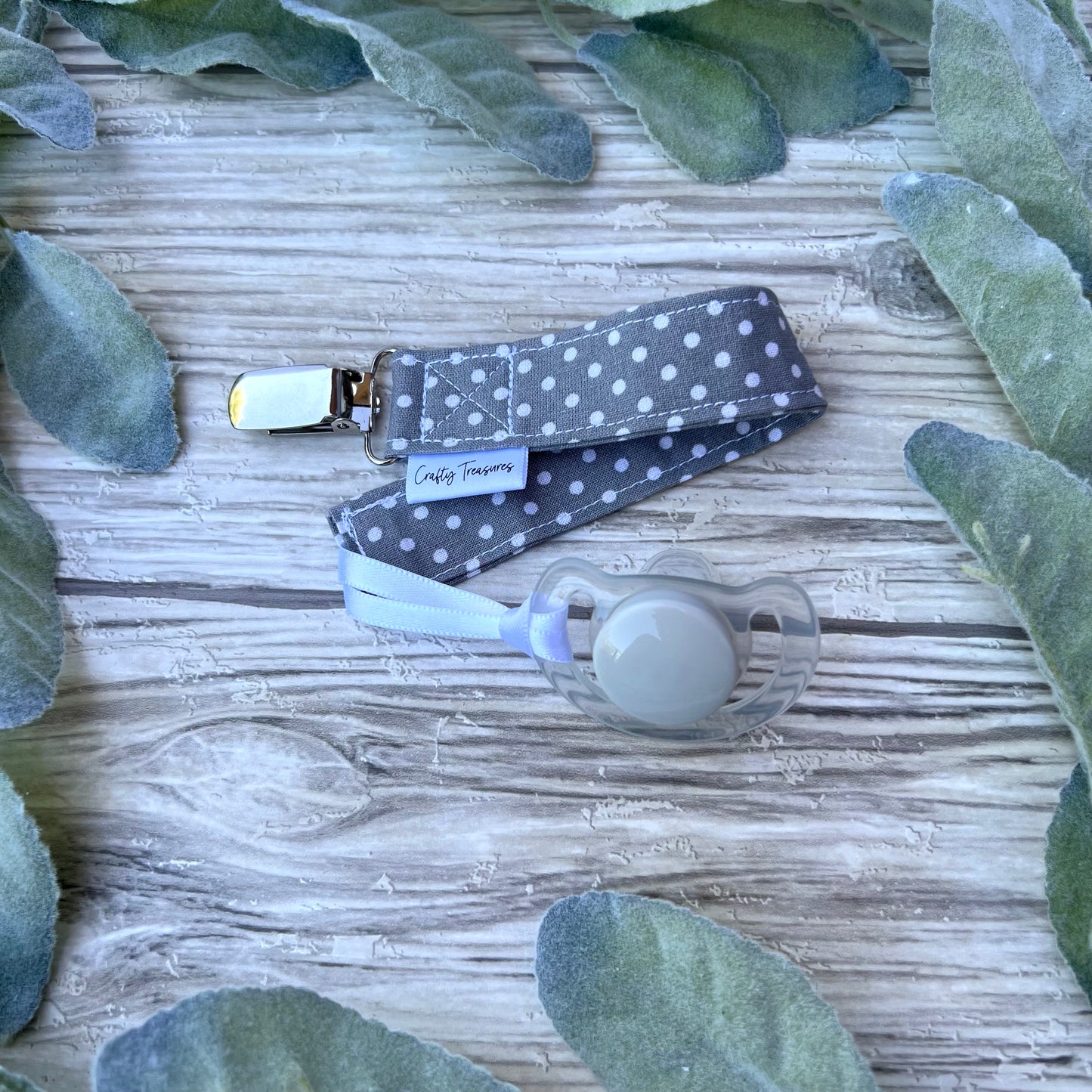 Grey Dots Pacifier Clip