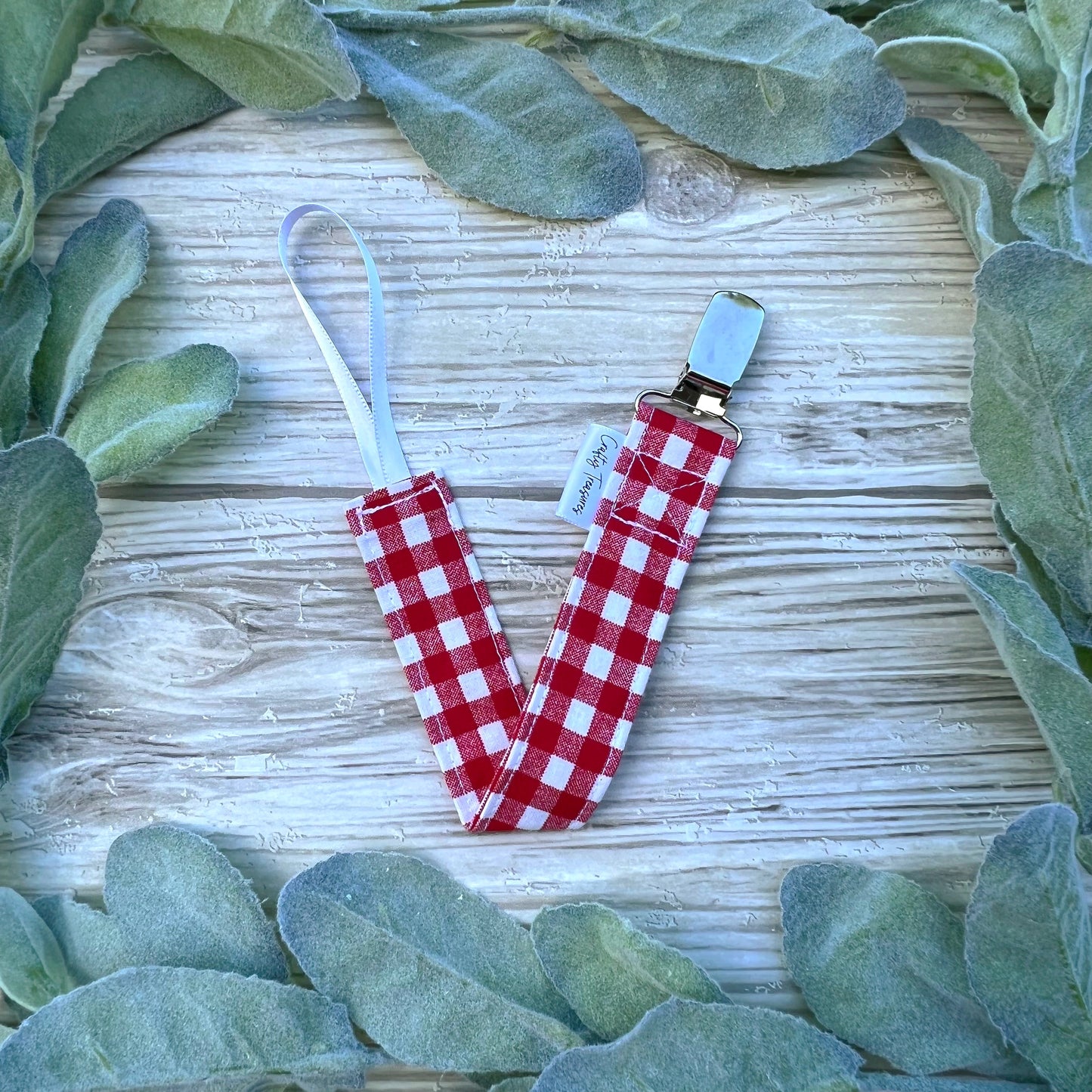 Red Gingham Pacifier Clip