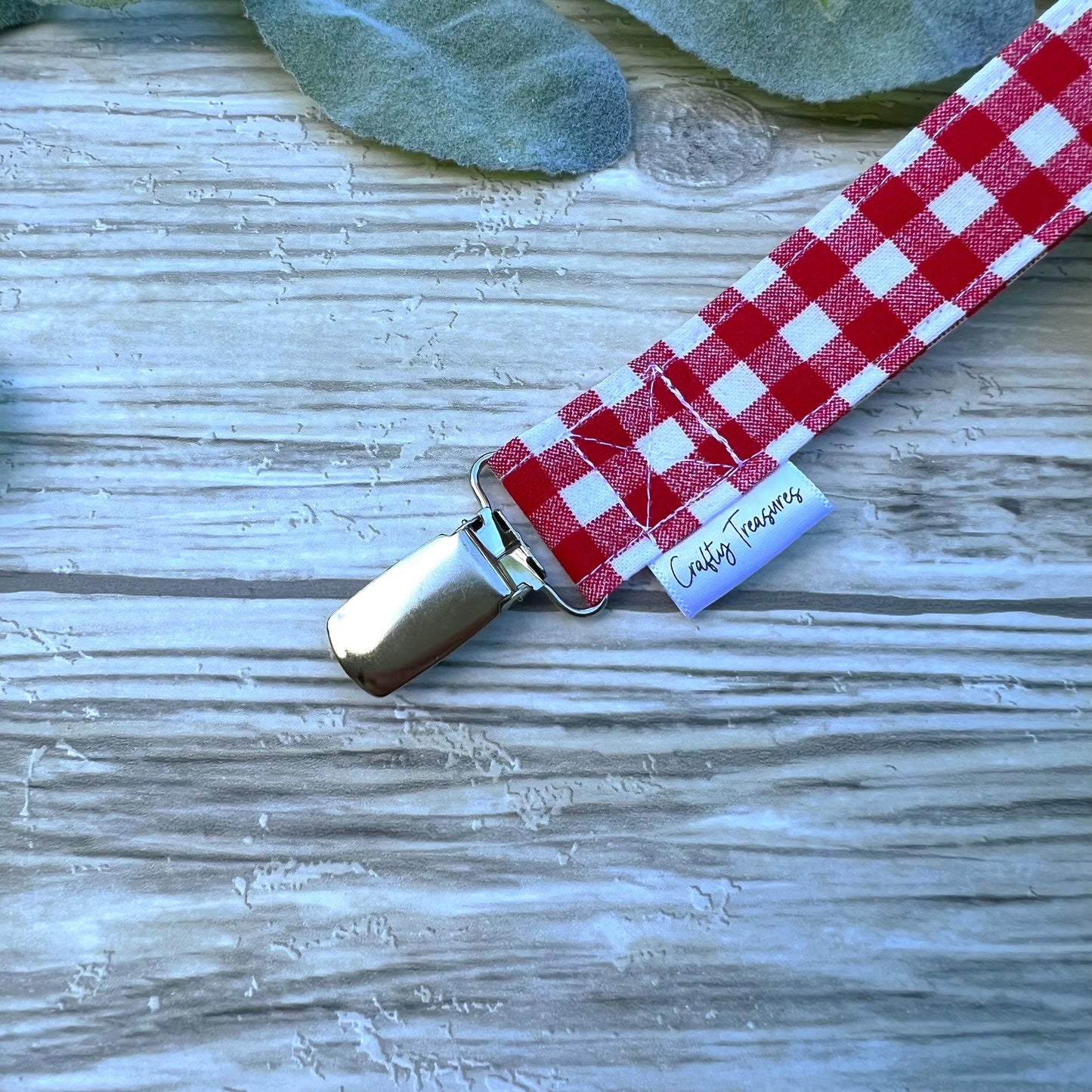Red Gingham Pacifier Clip