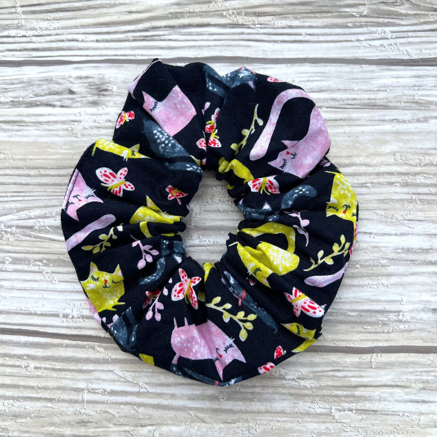 Navy Cats and Butterflies Cotton Scrunchie