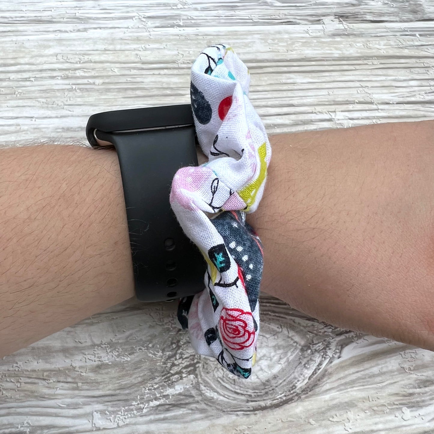 White Floral Cats Cotton Scrunchie