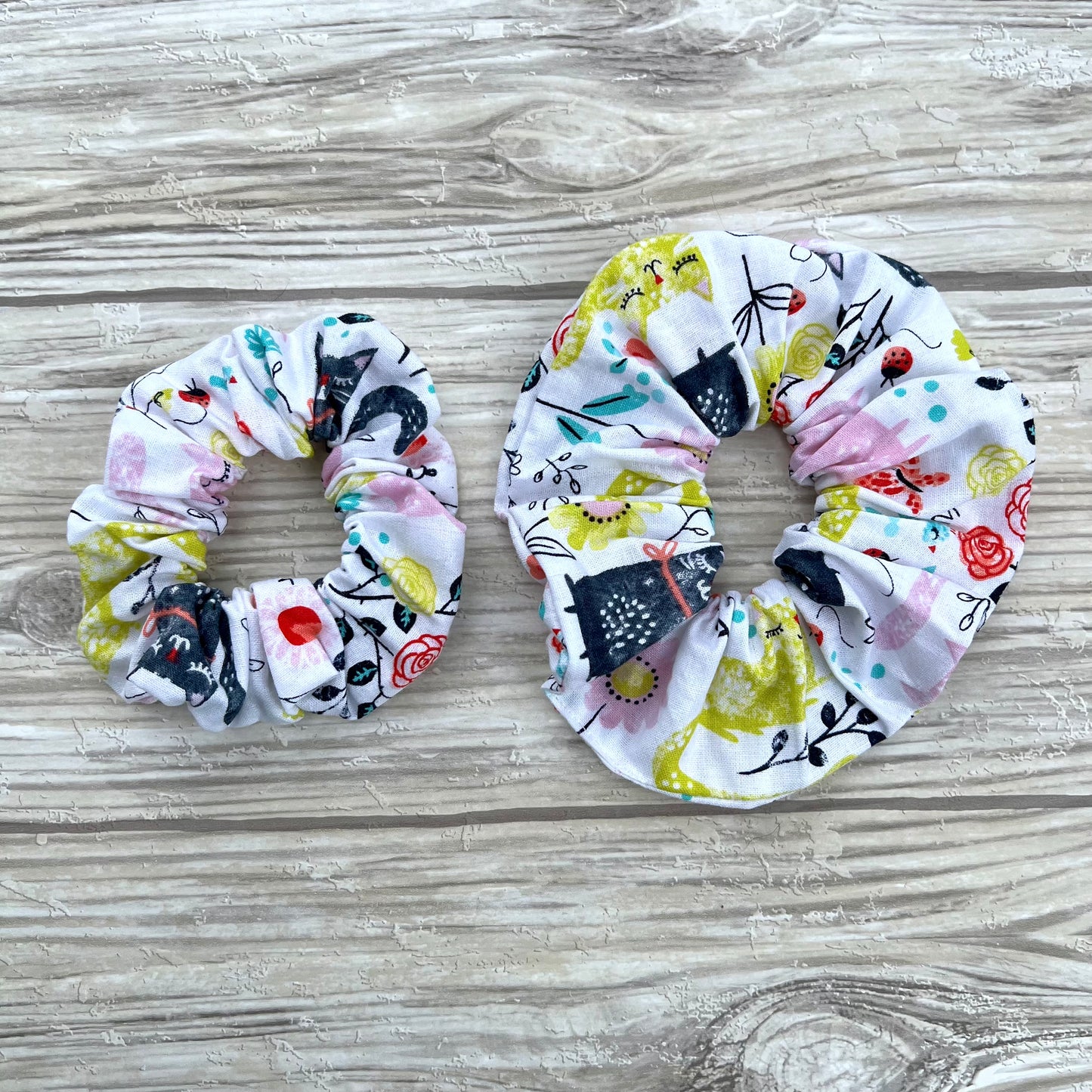 White Floral Cats Cotton Scrunchie