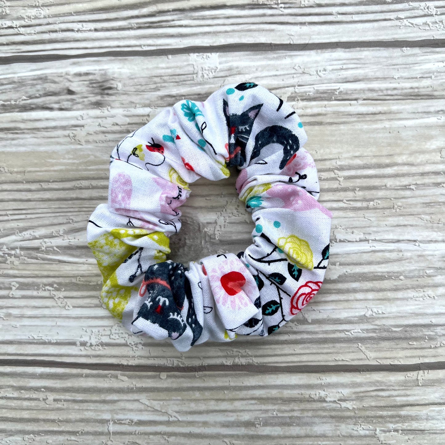 White Floral Cats Cotton Scrunchie
