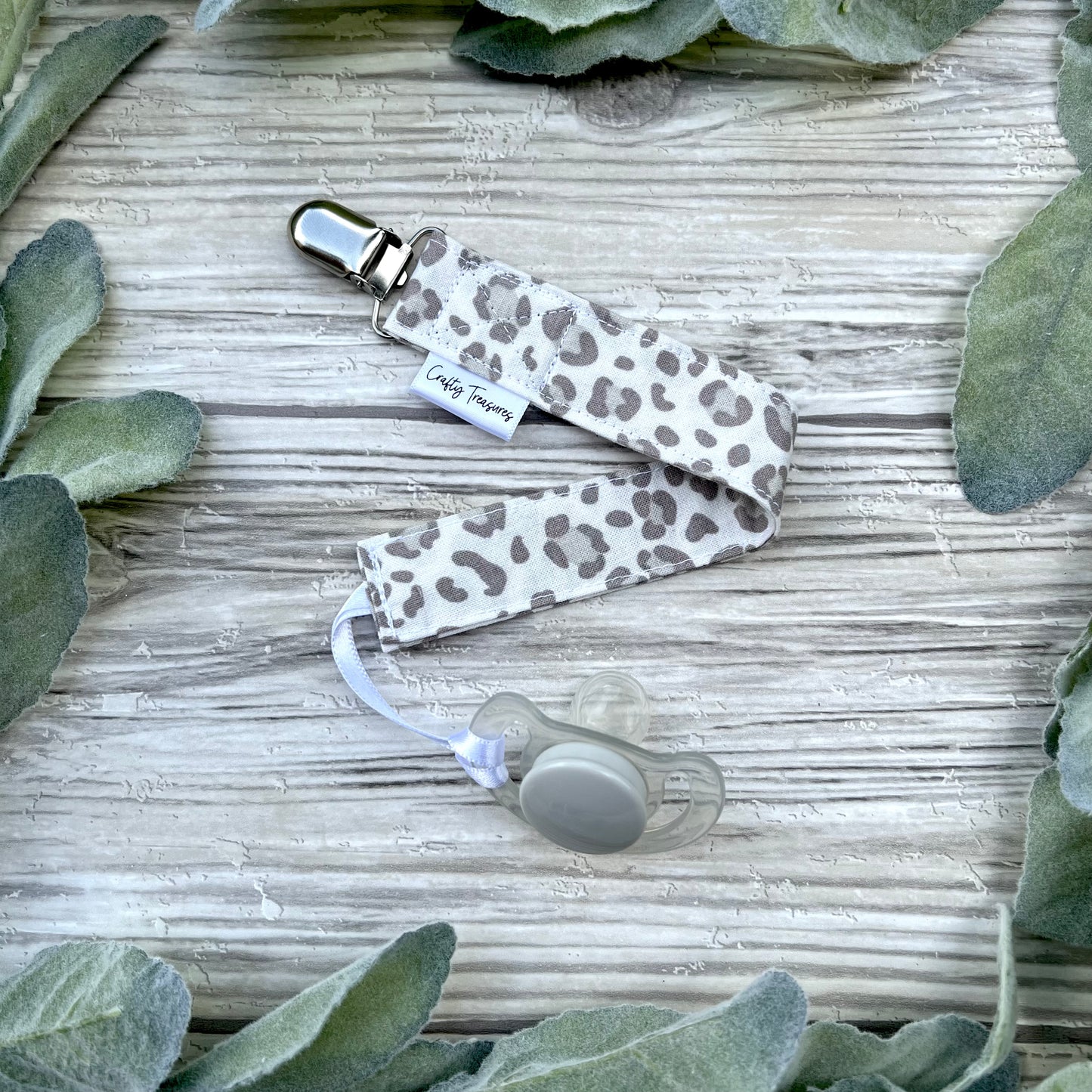 Neutral Leopard Print Pacifier Clip
