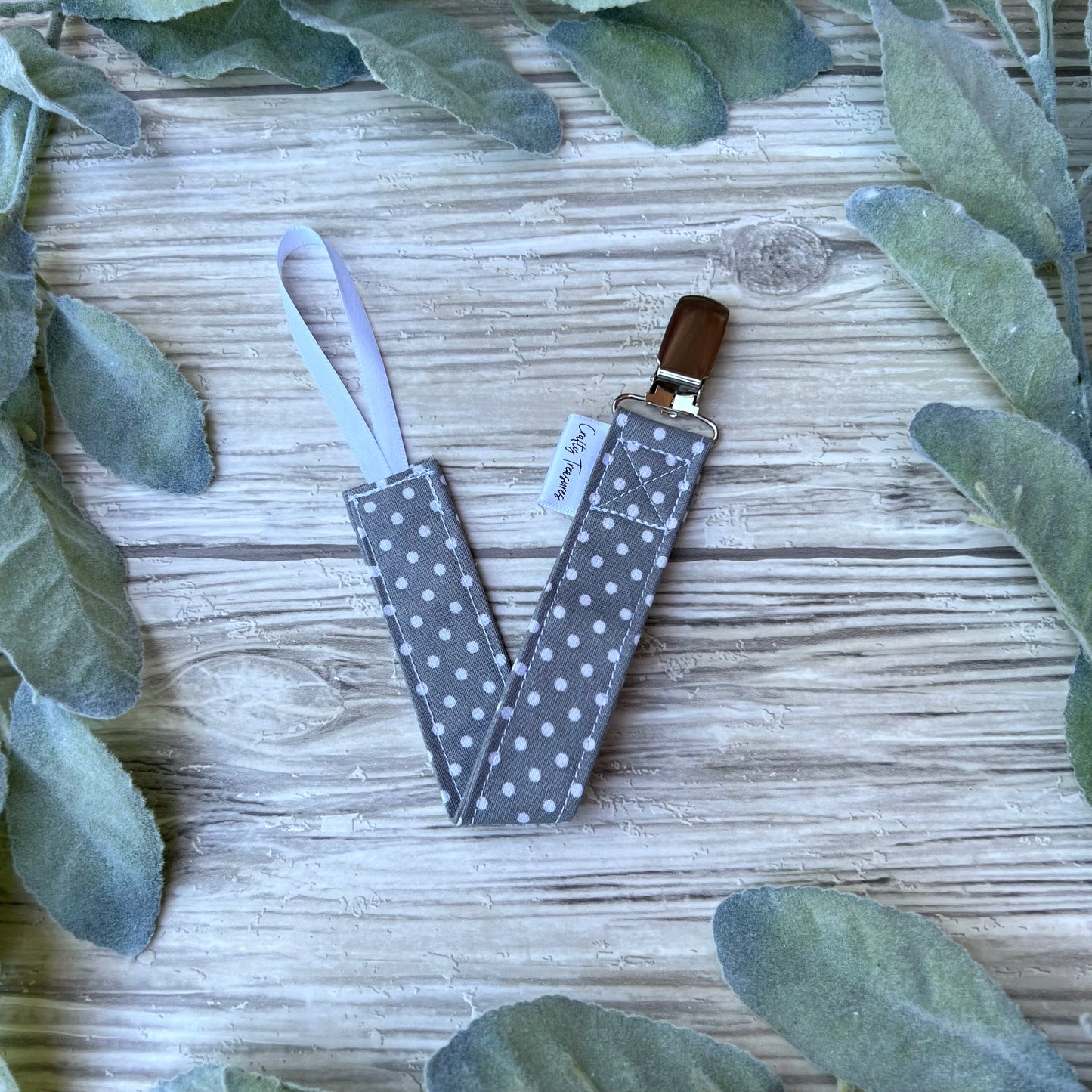 Grey Dots Pacifier Clip