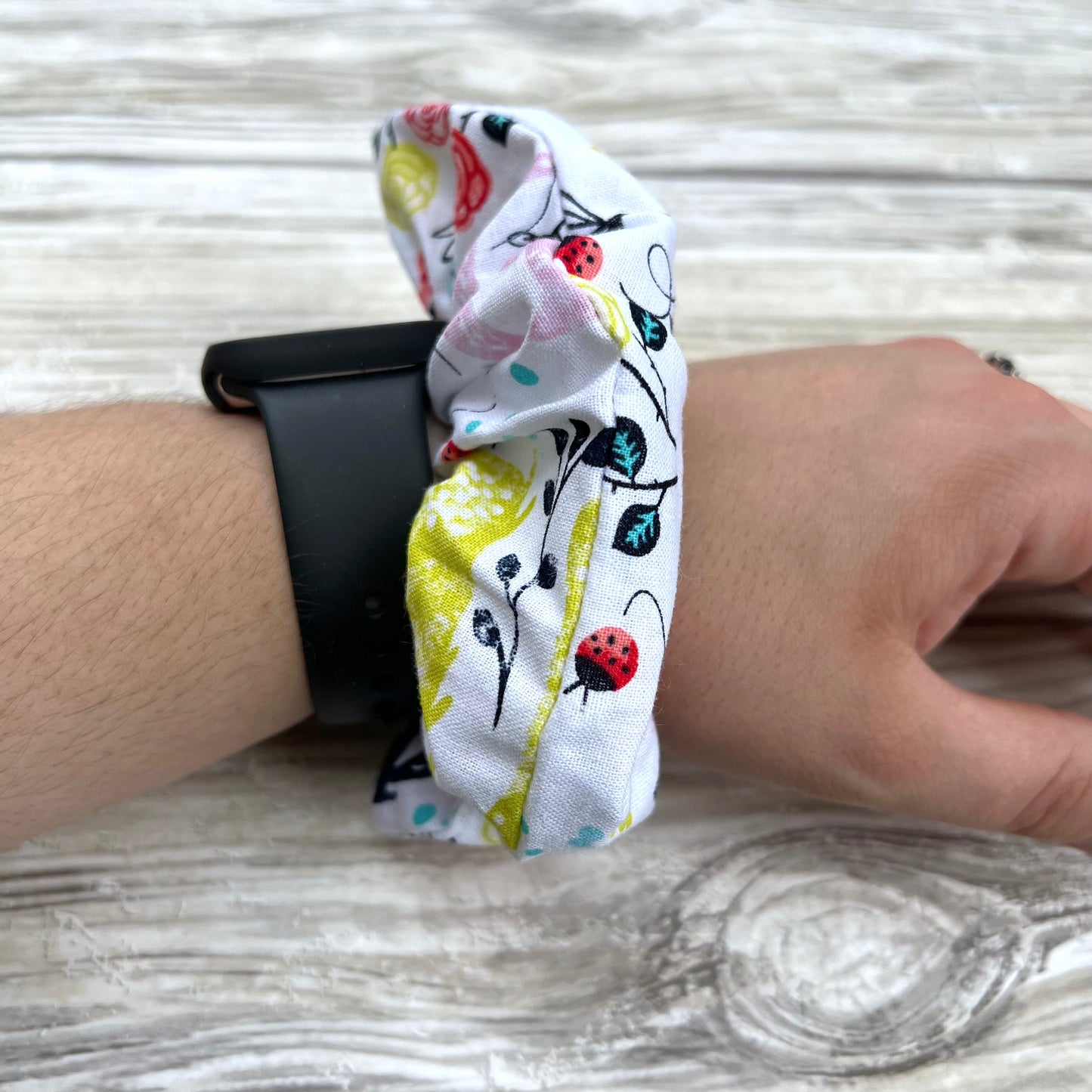 White Floral Cats Cotton Scrunchie