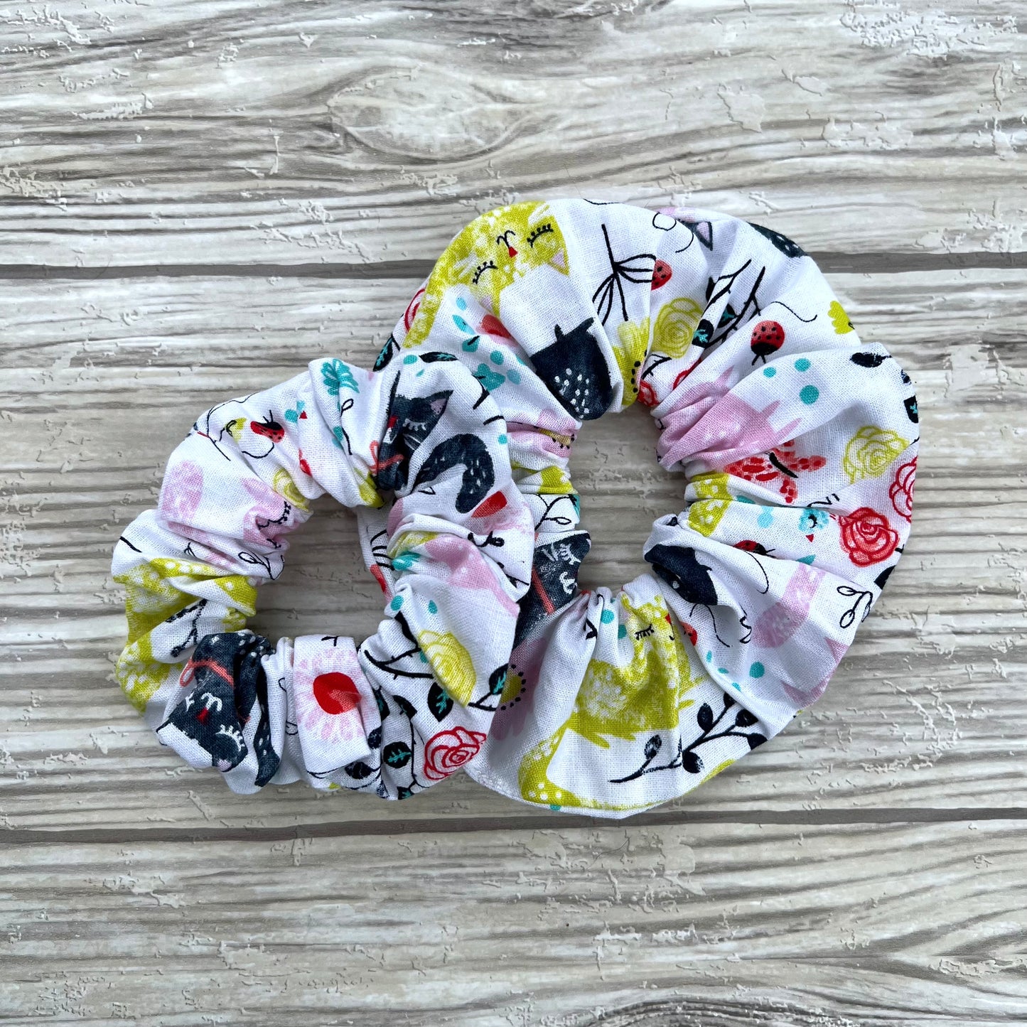 White Floral Cats Cotton Scrunchie