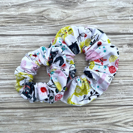 White Floral Cats Cotton Scrunchie