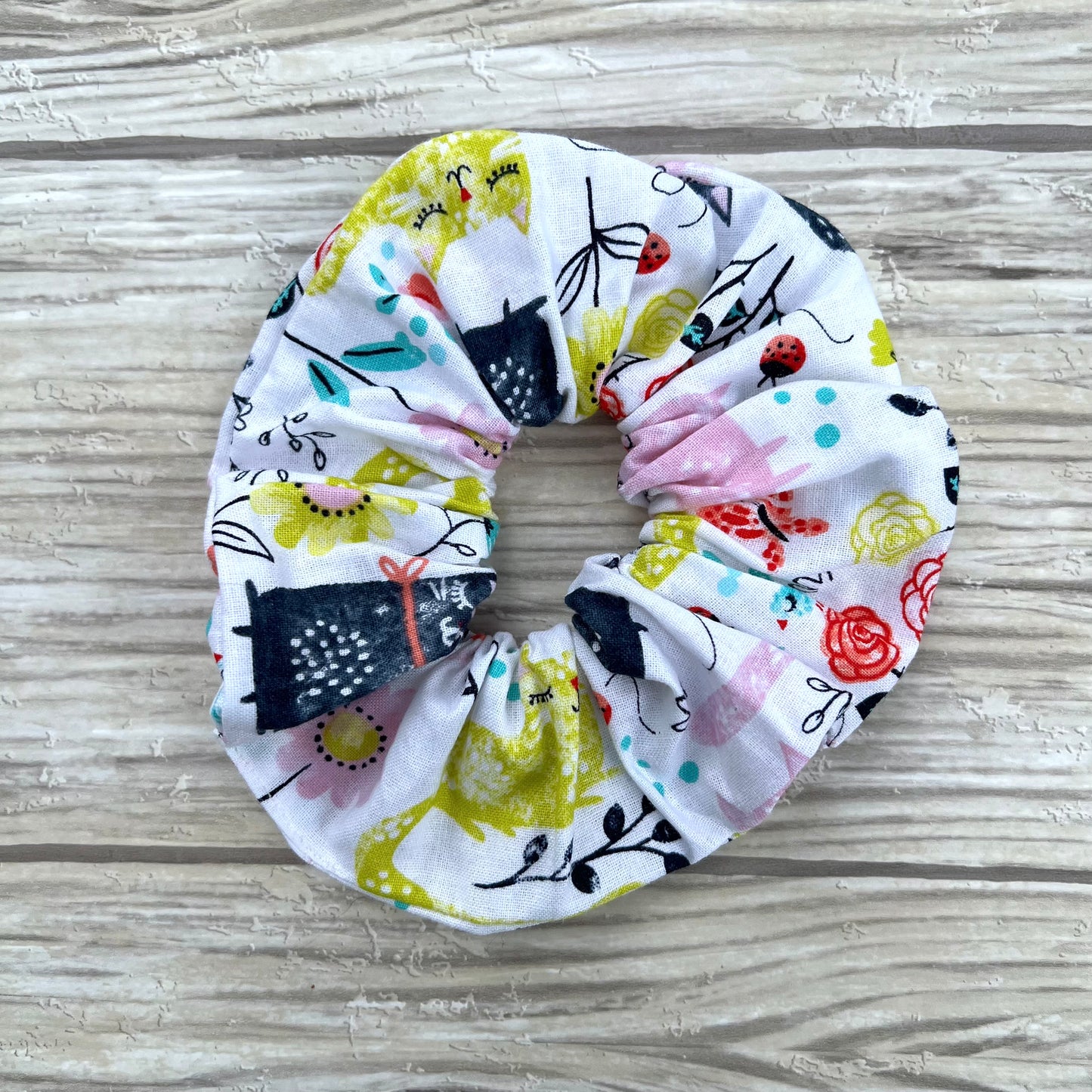 White Floral Cats Cotton Scrunchie