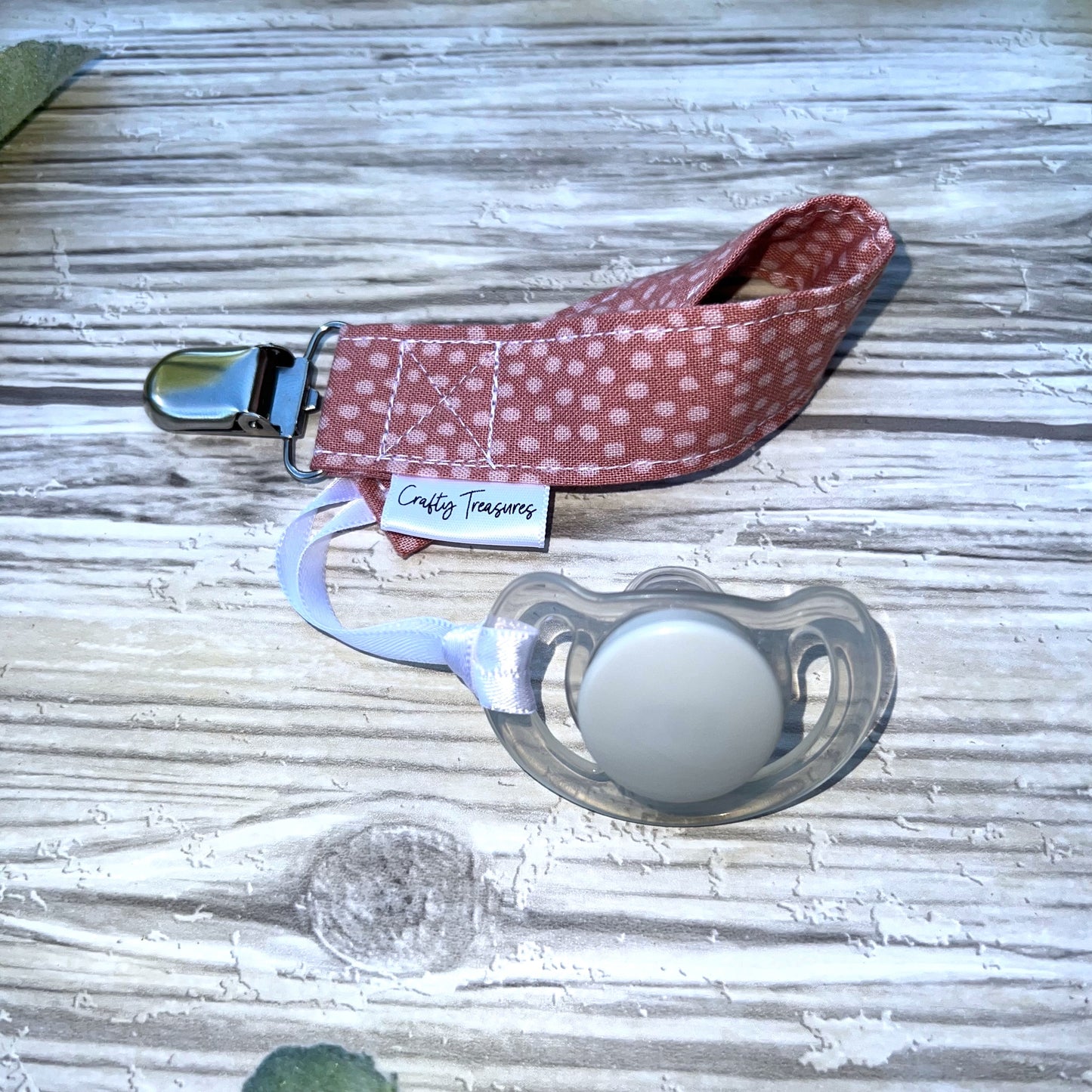Mauve Dots Pacifier Clip