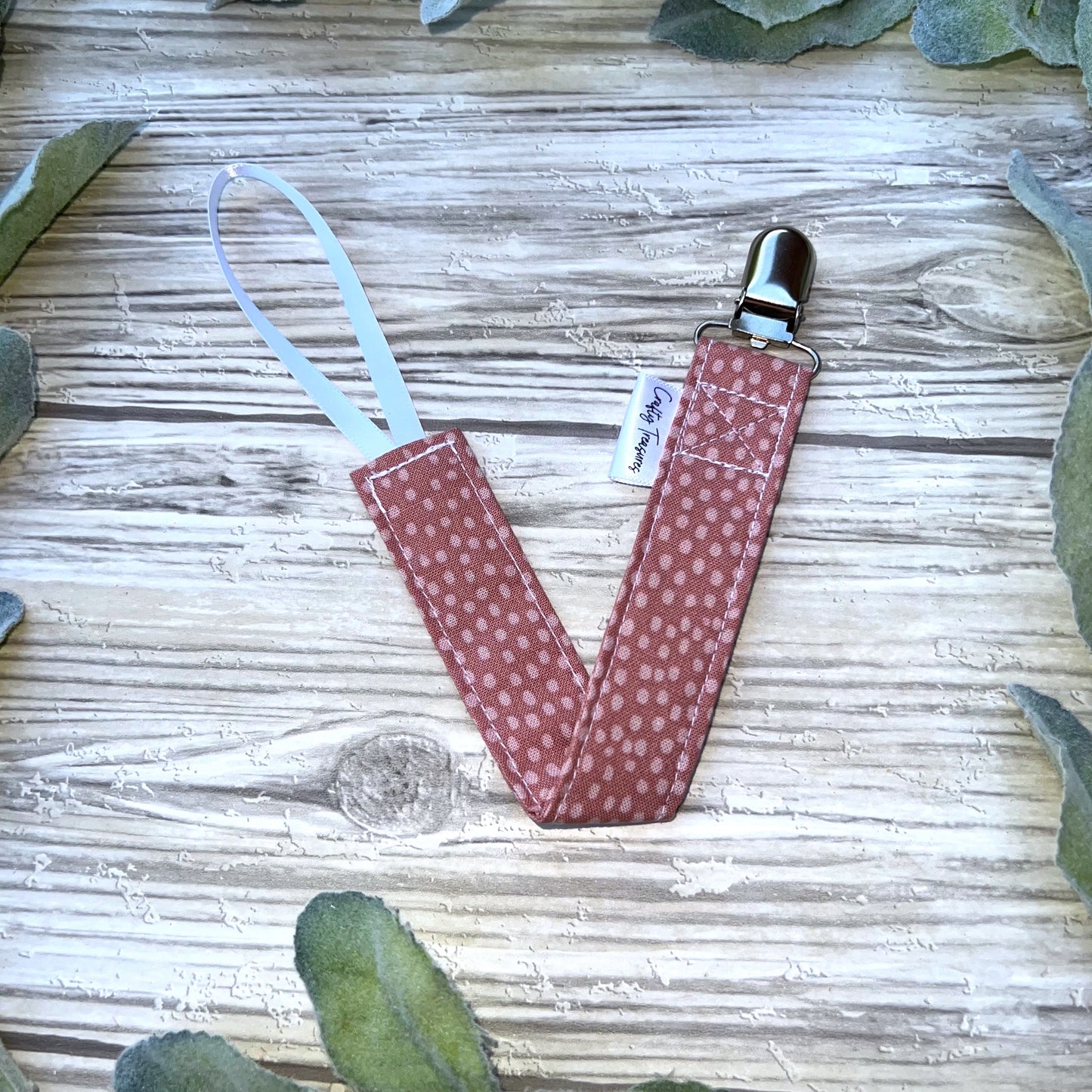 Mauve Dots Pacifier Clip