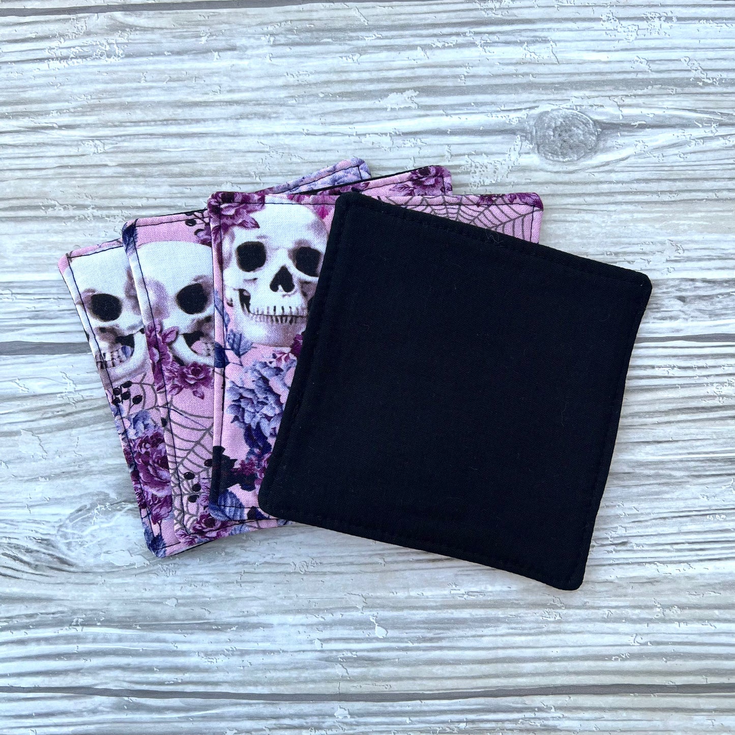 Pink Skulls And Fall Floral Halloween Fabric Coaster Set
