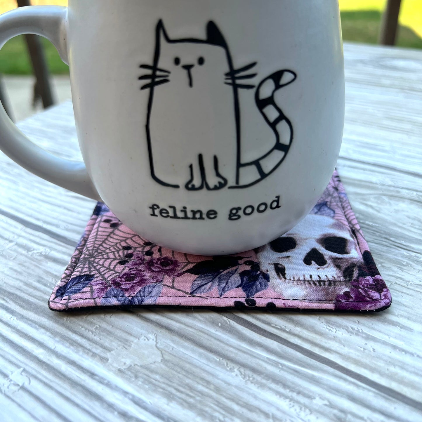 Pink Skulls And Fall Floral Halloween Fabric Coaster Set